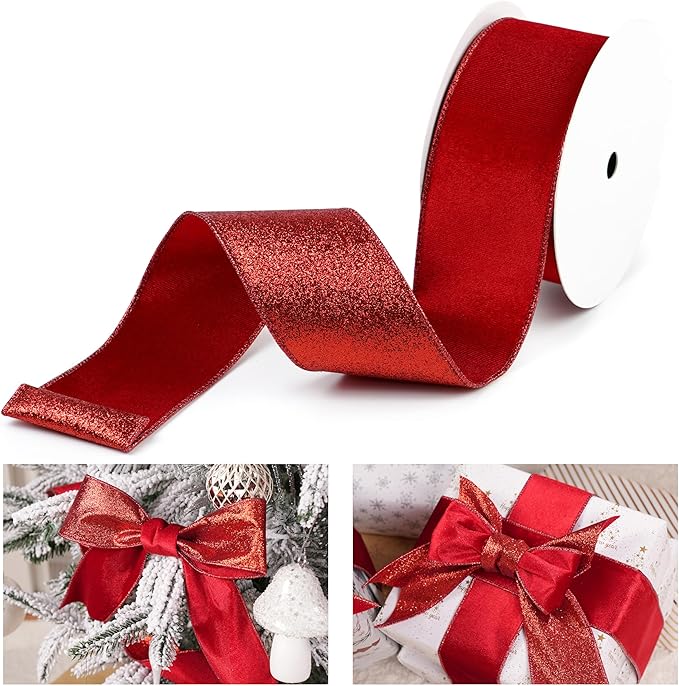 Red Velvet Wired Ribbon with Glitter Back 2.5 Inch Red Christmas Ribbon Wired Reversible Ribbon for Christmas Tree, Gift Wrapping, Mantel, Wreaths Supplies, Topper Bows (10 Yards)