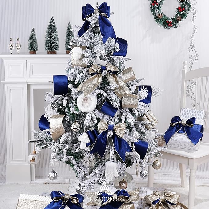 Blue Velvet Wired Ribbon with Glitter Back 4 Inch Navy Blue and Gold Christmas Ribbon Wired Ribbon for Christmas Tree, Gift Wrapping, Mantel, Wreaths Supplies, Topper Bows (10 Yards)