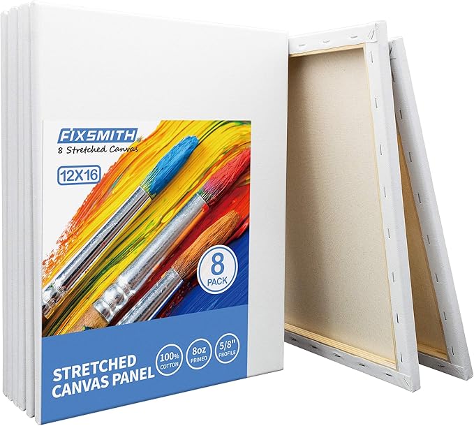 FIXSMITH Stretched White Blank Canvas - 12 x 16 Inch, Bulk Pack of 8, Primed, 100% Cotton, 5/8 Inch Profile of Super Value Pack for Acrylics,Oils & Other Painting Media.