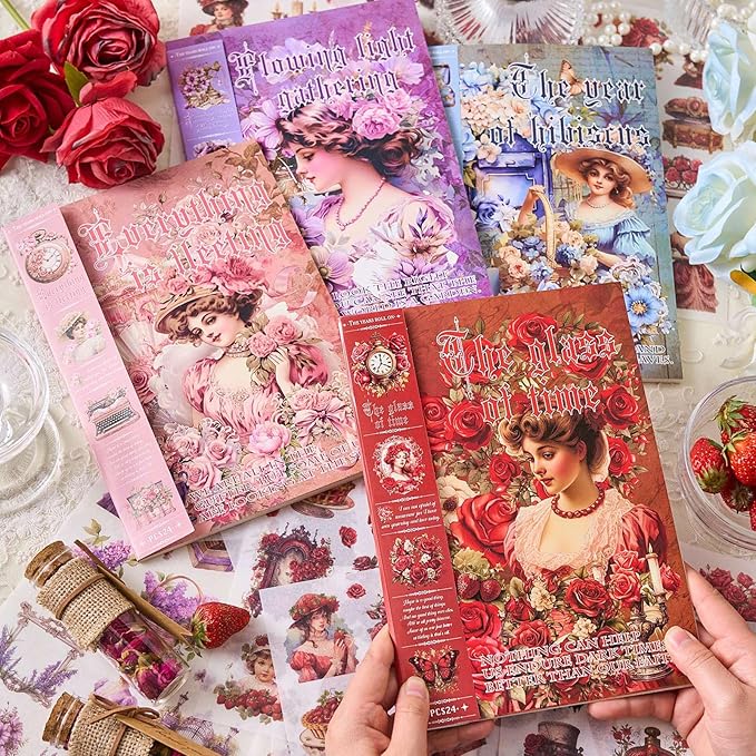 Snycler Sticker Book - 24 Sheets Vintage PET Stickers for Scrapbooking, Junk Journaling, Ephemera, and Decorative Crafts - Pre-Cut Floral Design Stickers Vintage-5