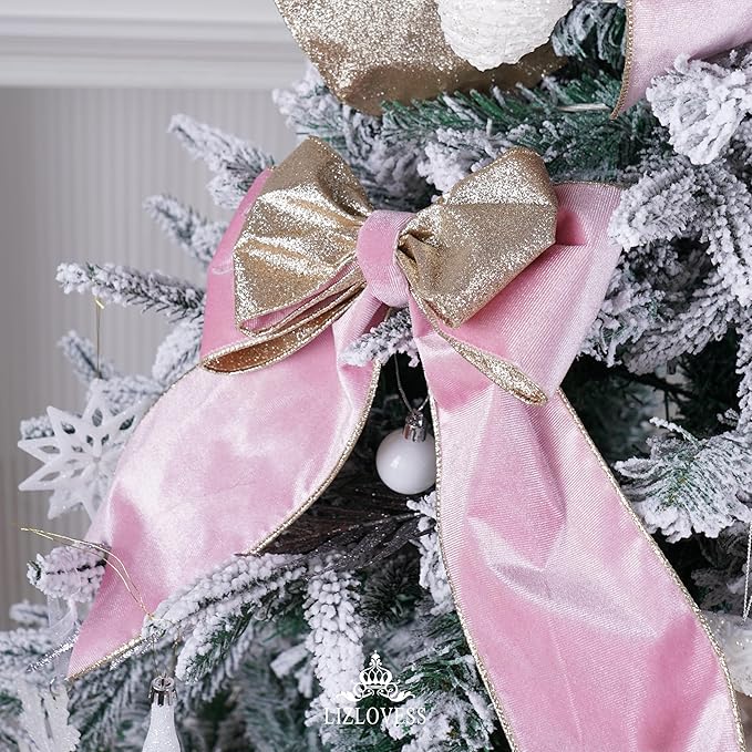 Pink Velvet Wired Ribbon With Glitter Back 4 Inch Gold Christmas Ribbon for Tree, Gift Wrapping, Mantel, Wreaths Supplies, Topper Bows (10 Yards)