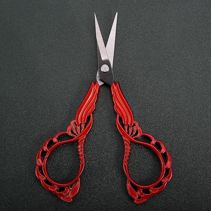 Small Embroidery Scissors Sewing Crafting Scissor Sharp Tip Shears for Needlework Threading Craft Artwork DIY Tools, 4.3in Vintage Red Scissors W/Sheath