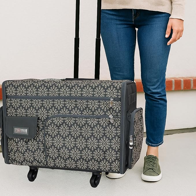 Everything Mary XL Flat-Top Rolling Sewing Machine Case – Tan Geo Craft Bag with Wheels – Portable Organizer for Sewing, Scrapbooking, Quilting & Craft Supplies