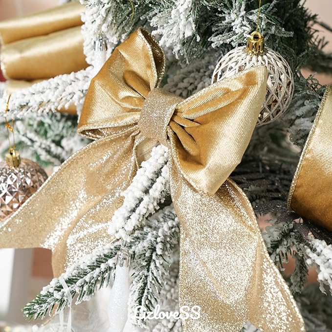 Khaki Velvet Wired Ribbon with Glitter Back 4 Inch Gold Christmas Ribbon Wired Camel Ribbon for Christmas Tree Decorations, Gift Wrapping, Crafts, Wreaths Supplies, Bows (10 Yards)