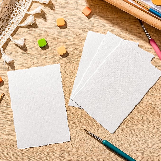100 Sheets Watercolor Paper 4 x 6inch, 300 GSM Deckled Edge Paper Rough/Textured Handmade Paper for Watercolors, Wedding Invitations, Cards, Crafts