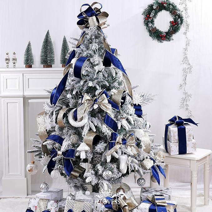 Blue Velvet Wired Ribbon with Glitter Back 2.5 Inch Navy Blue and Gold Christmas Ribbon Wired Ribbon for Christmas Tree, Gift Wrapping, Mantel, Wreaths Supplies, Topper Bows (10 Yards)