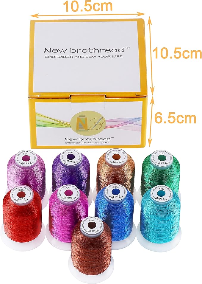 New brothread 9 Shiny Colors Metallic Embroidery Machine Thread Kit 500M (550Y) Each Spool for Computerized Embroidery and Decorative Sewing - Assortment 2