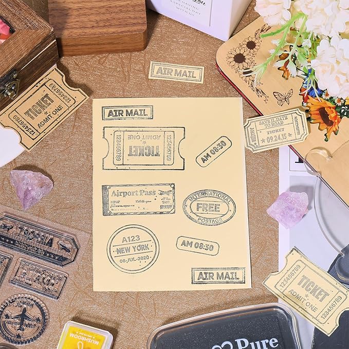 GLOBLELAND Vintage Travel Tickets Clear Stamps for Cards Making Retro Journey Postage Clear Stamp Seals 5.83x8.27inch Transparent Stamps for DIY Scrapbooking Photo Album Journal Home Decoration