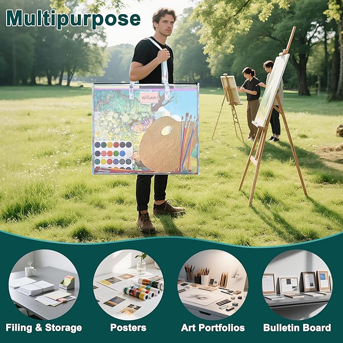 Art Portfolio Case 19x25 Portfolio Folder for Artwork Poster Storage Bag with Zipper & Handle & Clear Label Sleeve Waterproof File Folder Organizer for Bulletin Board/Cross Stitch/Travel/Office