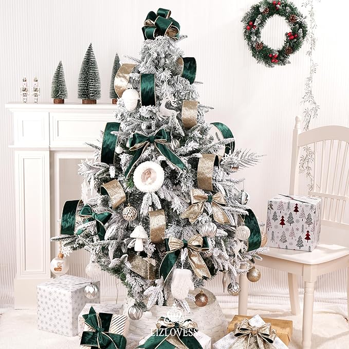 Hunter Green Velvet Wired Ribbon with Glitter Back 2.5 Inch Dark Green and Gold Christmas Wired Ribbon for Christmas Tree, Gift Wrapping, Crafts, Wreaths Supplies, Topper Bows (10 Yards)