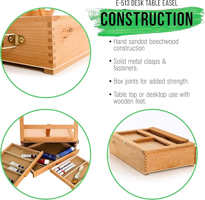U.S. Art Supply Adjustable 3-Drawer Wooden Storage Box Easel & Folding Canvas Stand - Portable Art Desk, Artist Desktop Easel for Painting & Drawing - Holds Paint, Markers, Pens, Premium Beechwood