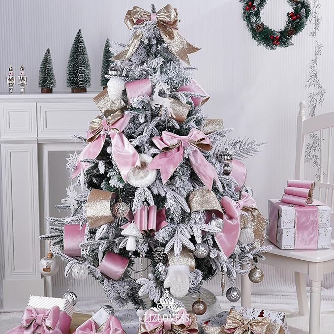 Pink Velvet Wired Ribbon With Glitter Back 4 Inch Gold Christmas Ribbon for Tree, Gift Wrapping, Mantel, Wreaths Supplies, Topper Bows (10 Yards)