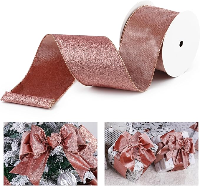 Rose Gold Velvet Wired Ribbon with Glitter Back 4 Inch Mauve Christmas Ribbon Wired Reversible Ribbon for Christmas Tree, Gift Wrapping, Crafts, Wreaths Supplies, Topper Bows (10 Yards)