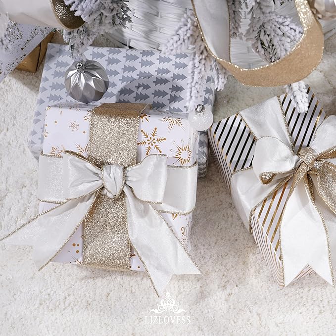 White Velvet Wired Ribbon with Glitter Back 2.5 Inch White and Gold Christmas Ribbon Wired Ribbon for Christmas Tree, Gift Wrapping, Mantel, Wreaths Supplies, Topper Bows (10 Yards)