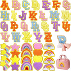 72 Pcs Preppy Cute Embroidered Chenille Letter Patches Self Adhesive,Include 52 A-Z Varsity Letters Patches,20 Star Heart Rainbow Meteor Sew on Repair Patches Boho Stickers for Jackets Backpacks Hats