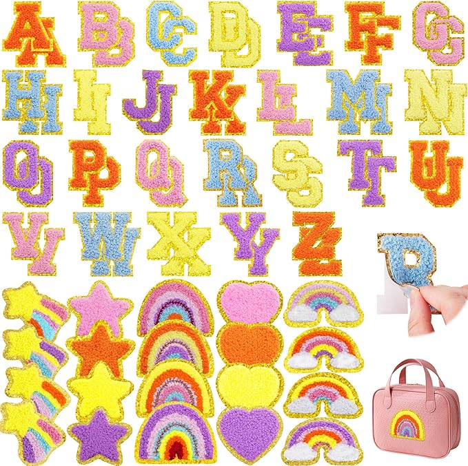 72 Pcs Preppy Cute Embroidered Chenille Letter Patches Self Adhesive,Include 52 A-Z Varsity Letters Patches,20 Star Heart Rainbow Meteor Sew on Repair Patches Boho Stickers for Jackets Backpacks Hats