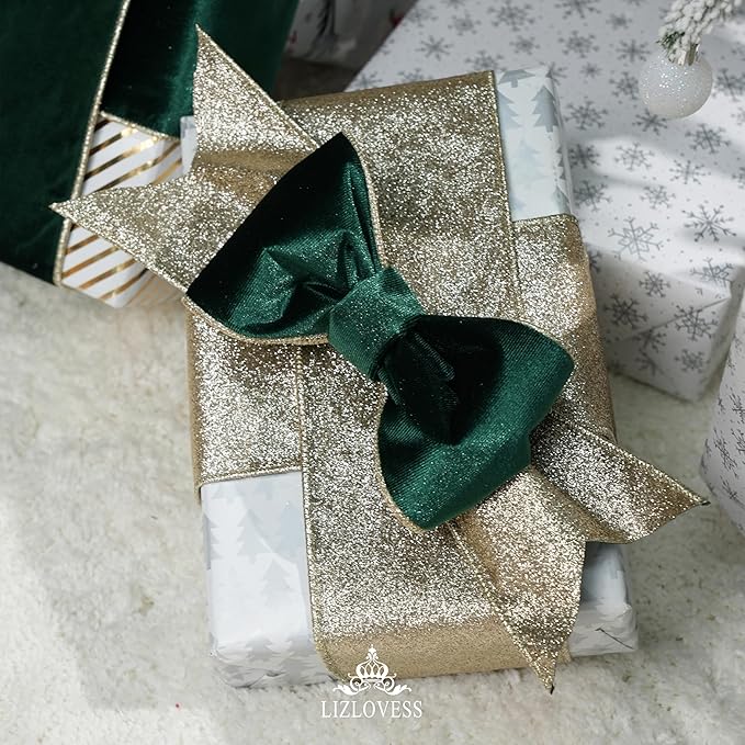 Green Velvet Wired Ribbon with Glitter Back 4 Inch Dark Green and Gold Christmas Ribbon Wired Ribbon for Christmas Tree, Gift Wrapping, Crafts, Wreaths Supplies, Topper Bows (10 Yards)