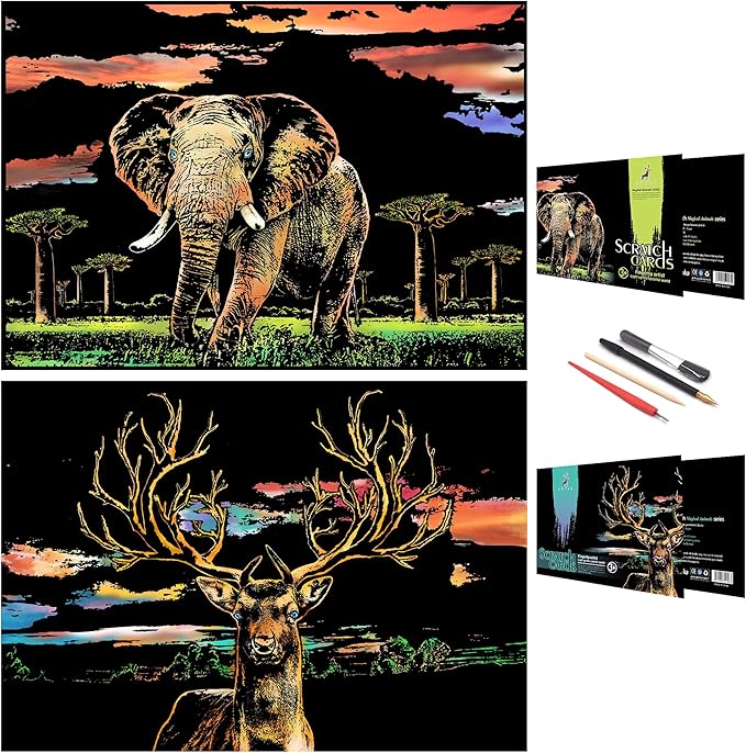DESINIK Scratch Painting Art for Adults & Teens - 2 Sheets Rainbow Scratch Painting Kit, Scratch Painting Foil Art for Adults, Stress Relief Adult Craft Kits A3(Deer & Elephant)