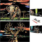 DESINIK Scratch Painting Art for Adults & Teens - 2 Sheets Rainbow Scratch Painting Kit, Scratch Painting Foil Art for Adults, Stress Relief Adult Craft Kits A3(Deer & Elephant)