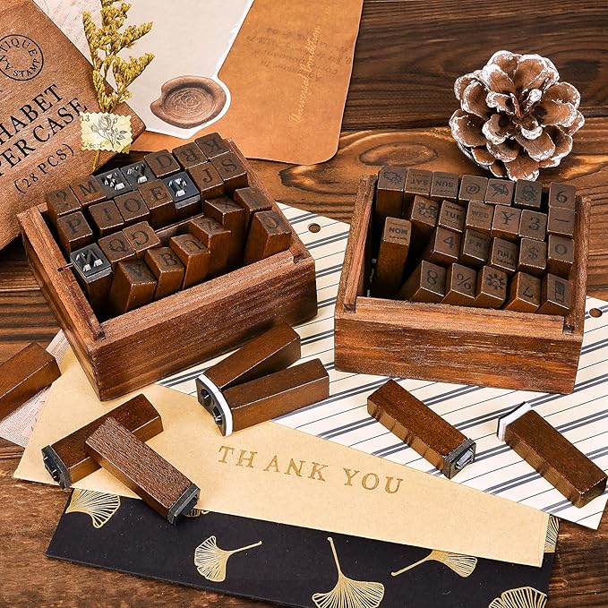 Letter Stamps, 56pcs Alphabet Stamps with Weeks and Weather, Number Stamps with Wooden Case, Vintage Symbol Wood Stamps with Ink Pads Rubber Stamps for Crafting, Card Making, Scrapbooking