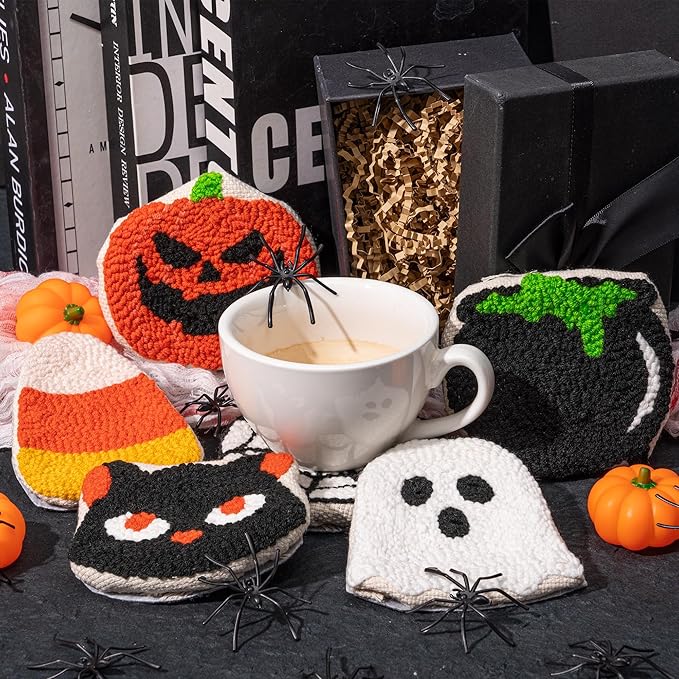 WATINC Christmas Punch Needle Coaster Kits - 23Pcs Easy Art Work Decor Craft Supply for Beginners, DIY Set of 6 Pattern Tufted Pads with Adhesive Felt Yarns Tools Coaster Holder Instruction (Orange)