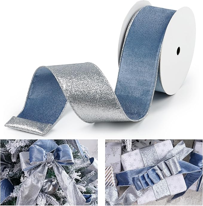 Dusty Blue Velvet Wired Ribbon with Glitter Back 2.5 Inch Blue and Silver Christmas Ribbon Wired Ribbon for Christmas Tree, Gift Wrapping, Mantel, Wreaths Supplies, Topper Bows (10 Yards)