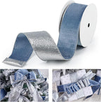 Dusty Blue Velvet Wired Ribbon with Glitter Back 2.5 Inch Blue and Silver Christmas Ribbon Wired Ribbon for Christmas Tree, Gift Wrapping, Mantel, Wreaths Supplies, Topper Bows (10 Yards)