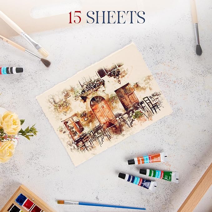 Wanderings Thick Handmade Watercolor Paper with Deckled Edge - 9x12-500GSM Premium Ivory Cold-Pressed Textured Mixed Media Paper Made with Recycled Cotton - 15 Loose Leaf Sheets