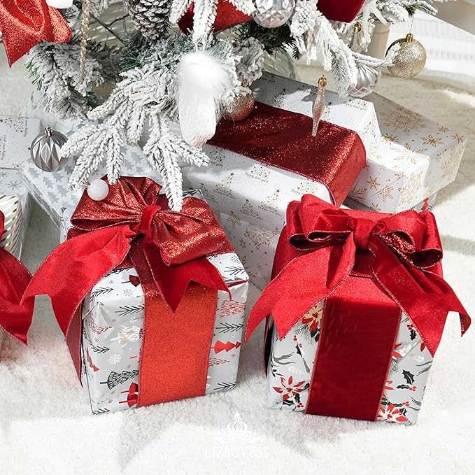 Red Velvet Wired Ribbon with Glitter Back 4 Inch Red Christmas Ribbon Wired Reversible Ribbon for Christmas Tree, Gift Wrapping, Mantel, Wreaths Supplies, Topper Bows (10 Yards)