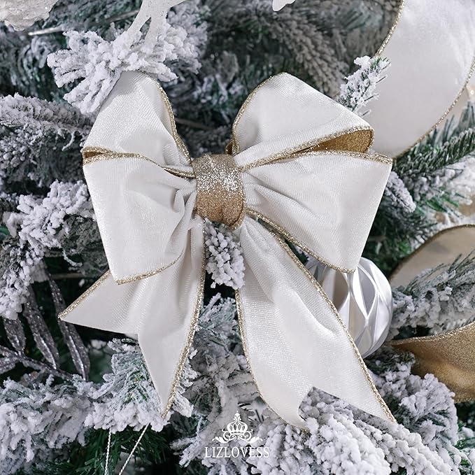 White Velvet Wired Ribbon with Glitter Back 2.5 Inch White and Gold Christmas Ribbon Wired Ribbon for Christmas Tree, Gift Wrapping, Mantel, Wreaths Supplies, Topper Bows (10 Yards)