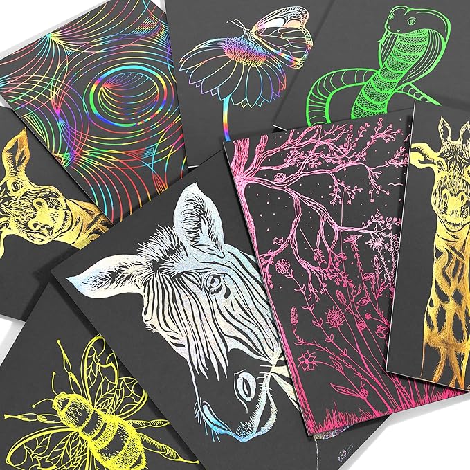 Marvin's Magic - Super Bright Scratch Art - x48 Premium Magic Scratch Boards - Black Scratch Paper & Rainbow Scratch Paper - Scratch Art for Kids
