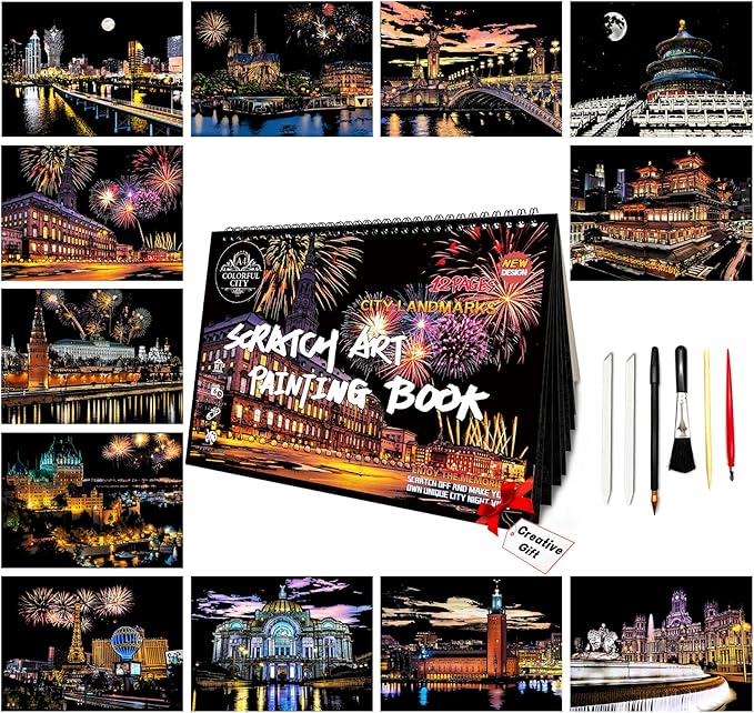 Scratch Art Book for Adults-Landmark Building Scratch Art|Scratch Painting Paper Craft Kit|Creative Foil Engraving Art Set|Scratch City Series Books for Travel Lovers,Craft Lovers(New City 1)