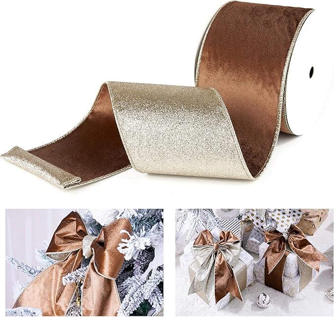 Brown Velvet Wired Ribbon with Glitter Back 4 Inch Camel Christmas Ribbon Wired Reversible Ribbon for Christmas Tree, Gift Wrapping, Crafts, Wreaths Supplies, Topper Bows (10 Yards)
