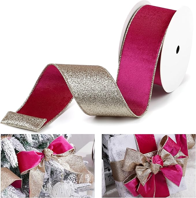 Hot Pink Velvet Wired Ribbon with Glitter Back 2.5 Inch Pink and Gold Christmas Ribbon Wired Fuschia Ribbon for Valentine's Day, Gift Wrapping, Wreaths Supplies (10 Yards)