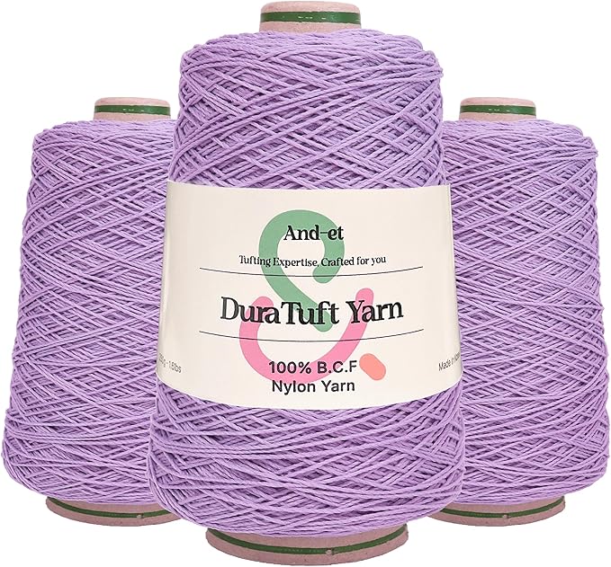 And-et DuraTuft Yarn 45 Vibrant Colors Tufting Nylon Yarn Pack - Ideal for Crochet, Craft Projects -100% B.C.F. - 3 Cones x 1.66lbs -180yards -Perfect for Rug Weaving and Knitting (25 Purple)