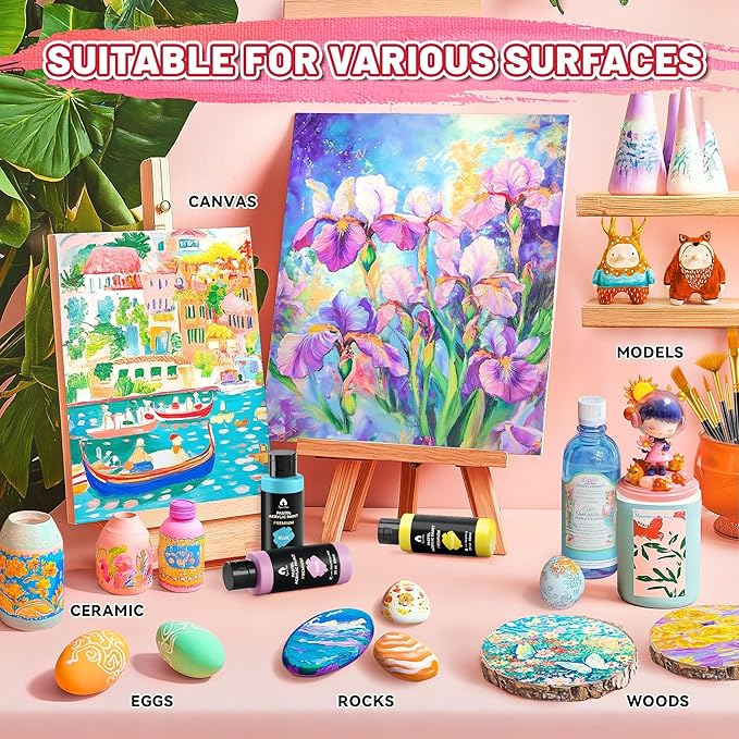 40 Pcs Pastel Acrylic Paint Set with 12 Brushes, 2 Knives & Palette, 24 Colors (2oz/60ml) - for Adults, Kids, Artists & Beginners - Canvas Ceramic Rock Wood Egg Painting Kit
