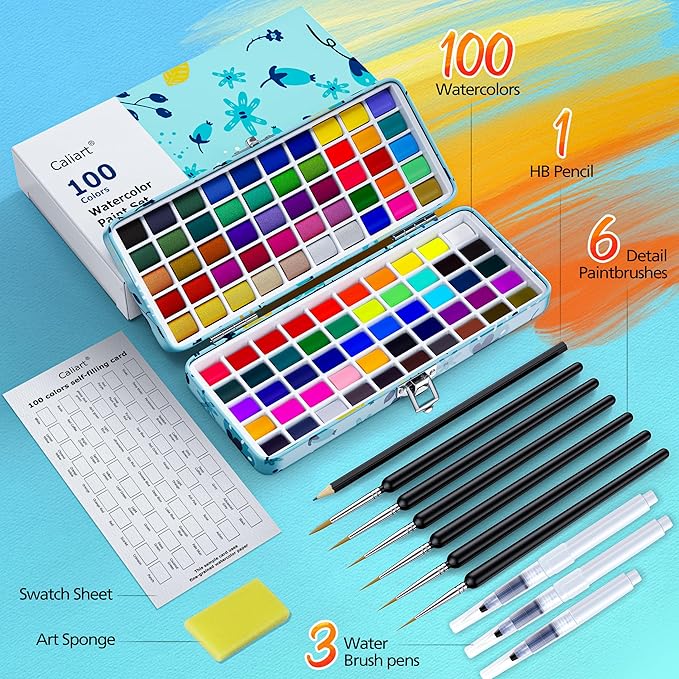 100 Colors Watercolor Paint Set with 4 Brushes, Portable Travel Water Color Kit with Carrying Case, Palette and Accessories, Art Supplies Gift for Artists Adults Painters Beginners