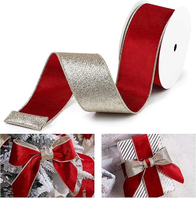 Red Velvet Wired Ribbon with Glitter Back 2.5 Inch Red and Gold Christmas Ribbon Wired Ribbon for Christmas Tree, Gift Wrapping, Mantel, Wreaths Supplies, Topper Bows (10 Yards)