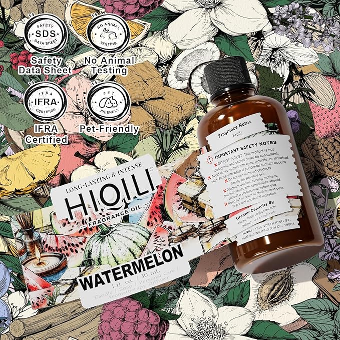 HIQILI Watermelon Fragrance Oil for Candle & Soap Making, DIY Fruity Perfume, Bath Bombs, Long-Lasting Diffuser Oil, Skin Care - 1 Fl Oz