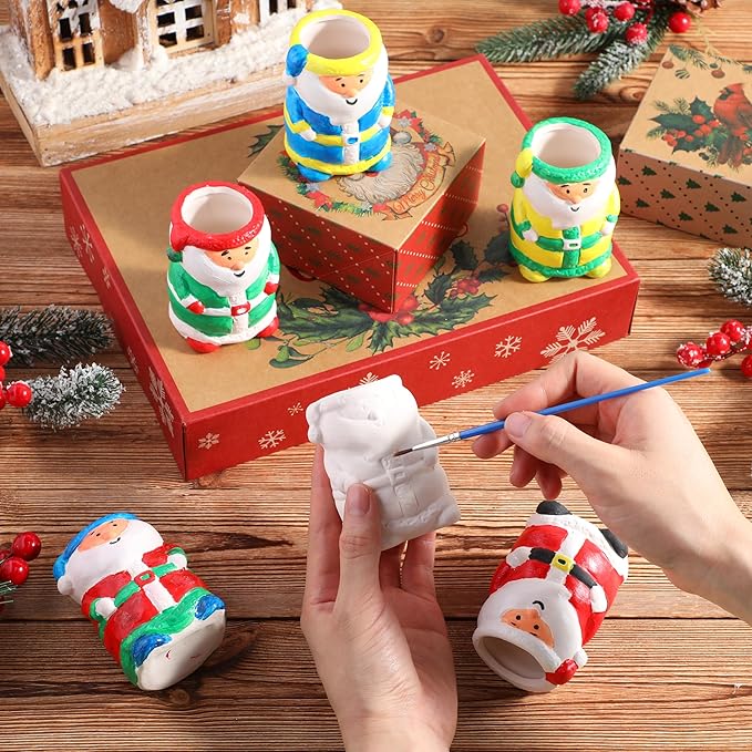 Pasimy 6 Set DIY Ceramic Succulent Planter Pots Paint Your Own Flower Pots Craft Kit Unpainted Bisque Paintable Flowerpot with Brush Palette Ready to Paint for Family Activity Gift(Santa)