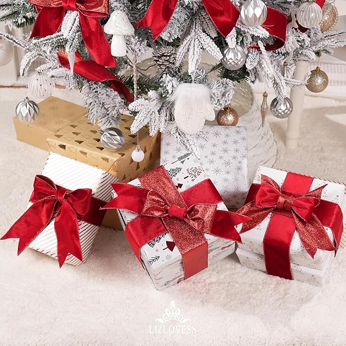 Red Velvet Wired Ribbon with Glitter Back 2.5 Inch Red Christmas Ribbon Wired Reversible Ribbon for Christmas Tree, Gift Wrapping, Mantel, Wreaths Supplies, Topper Bows (10 Yards)