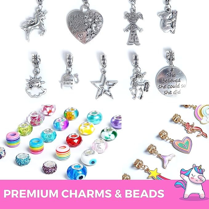 Modda Unicorn Charm Bracelet Making Kit - Unicorn Themed Jewelry Kit with Charms, Beads, Bag for Girls Ages 8-12 - Perfect for Birthday, Christmas Gifts