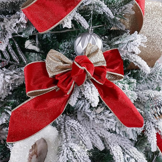 Red Velvet Wired Ribbon with Glitter Back 2.5 Inch Red and Gold Christmas Ribbon Wired Ribbon for Christmas Tree, Gift Wrapping, Mantel, Wreaths Supplies, Topper Bows (10 Yards)