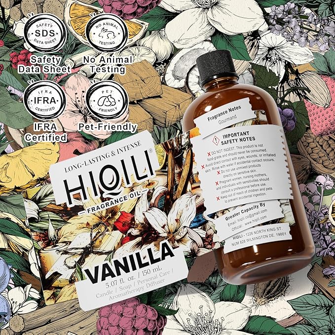 HIQILI Vanilla Fragrance Oil for Body Spray, Diffuser Use, Essential Oil for Candle, Soap, and Women Perfume Making - 5.07 Fl Oz