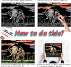 DESINIK Scratch Painting Art for Adults & Teens - 2 Sheets Rainbow Scratch Painting Kit, Scratch Painting Foil Art for Adults, Stress Relief Adult Craft Kits A3(Deer & Elephant)