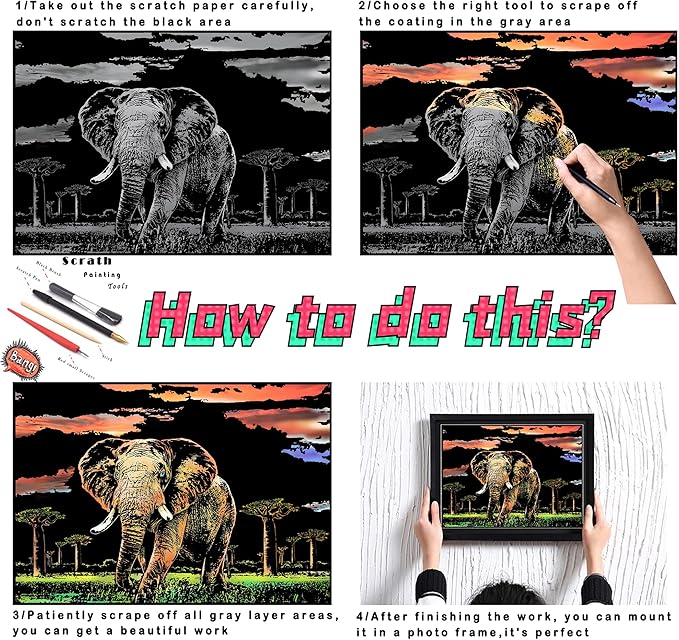 DESINIK Scratch Painting Art for Adults & Teens - 2 Sheets Rainbow Scratch Painting Kit, Scratch Painting Foil Art for Adults, Stress Relief Adult Craft Kits A3(Deer & Elephant)