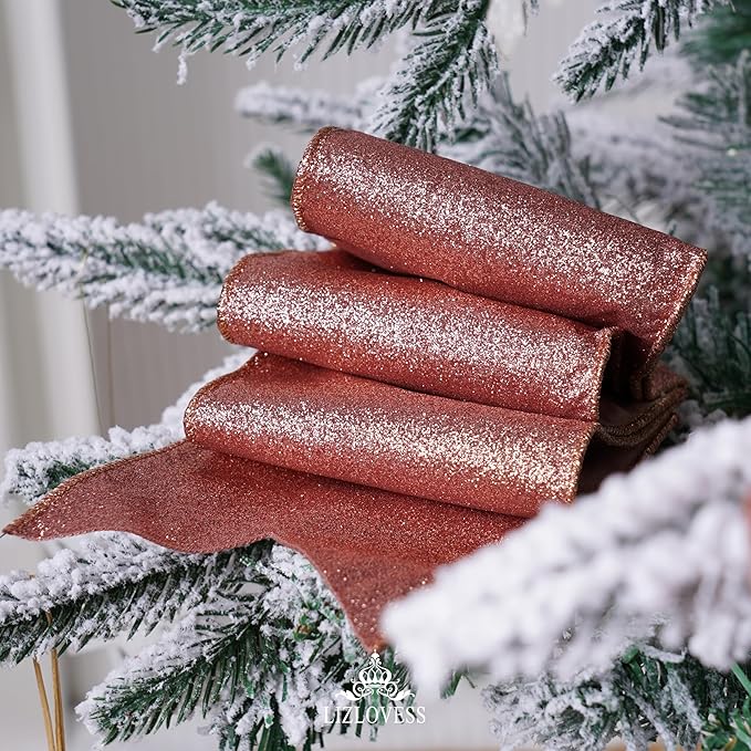 Rose Gold Velvet Wired Ribbon with Glitter Back 4 Inch Mauve Christmas Ribbon Wired Reversible Ribbon for Christmas Tree, Gift Wrapping, Crafts, Wreaths Supplies, Topper Bows (10 Yards)