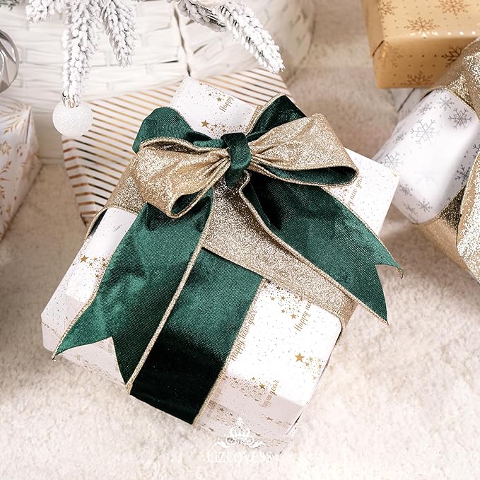 Hunter Green Velvet Wired Ribbon with Glitter Back 2.5 Inch Dark Green and Gold Christmas Wired Ribbon for Christmas Tree, Gift Wrapping, Crafts, Wreaths Supplies, Topper Bows (10 Yards)