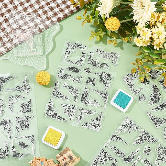 GLOBLELAND 4 Sheets Flower Corner Silicone Clear Stamps with 2 Acrylic Blocks Flowers and Plants Transparent Silicone Stamp for DIY Scrapbooking Journal Card Making