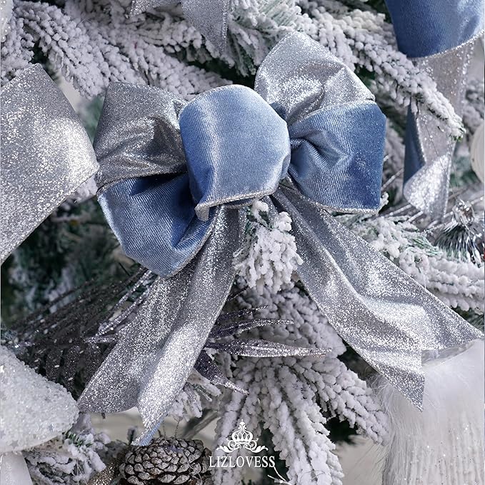 Dusty Blue Velvet Wired Ribbon with Glitter Back 2.5 Inch Blue and Silver Christmas Ribbon Wired Ribbon for Christmas Tree, Gift Wrapping, Mantel, Wreaths Supplies, Topper Bows (10 Yards)